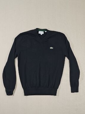 Lacoste Men's V-Neck Black Sweater with Green Crocodile Logo